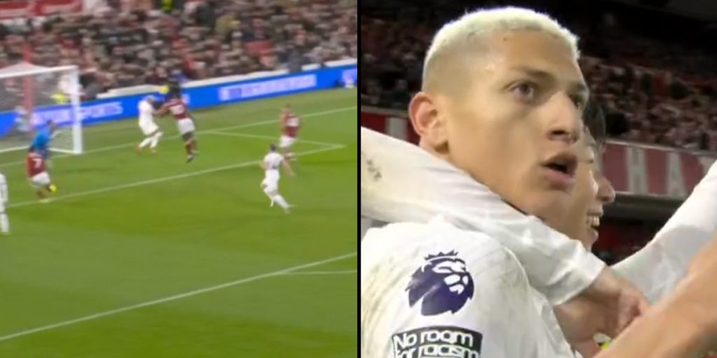 Se Richarlison bringe Tottenham foran i overtiden af første halvleg mod Nottingham Forest
