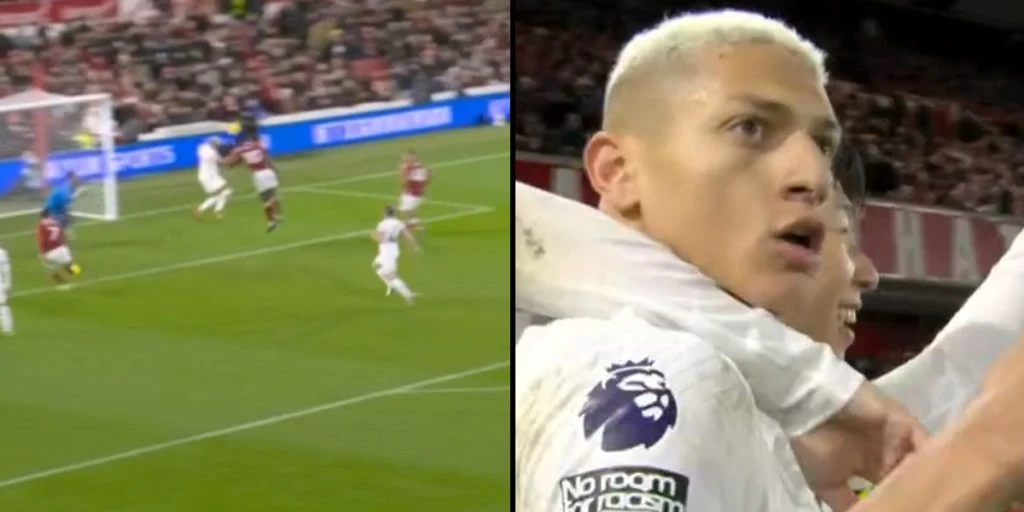 Se Richarlison bringe Tottenham foran i overtiden af første halvleg mod Nottingham Forest